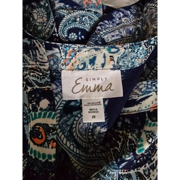 Simply Emma Womens Paisley Long Sleeve Tunic Top 2X Navy & Teal Polyester - Picture 2 of 7